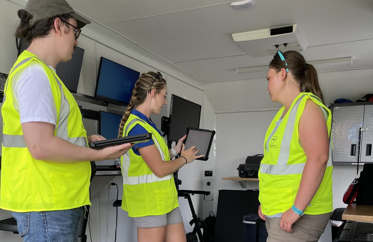 UAS crew members in high-visibility vests reviewing mission data on tablets