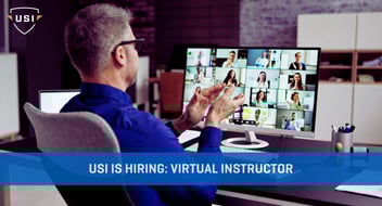 USI is Hiring: Virtual Instructor role (Man sitting at desk in front of screen that shows virtual classroom of attendees, he looks to be instructing)