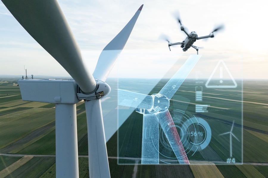 A drone inspecting a wind turbine