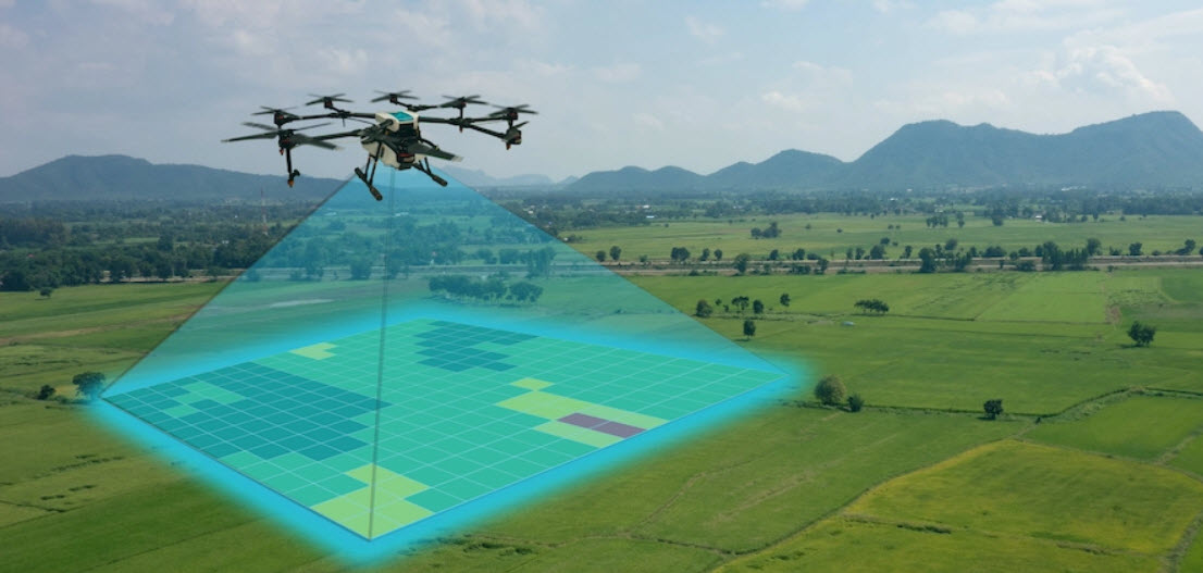 sUAS performing aerial remote sensing over agricultural fields